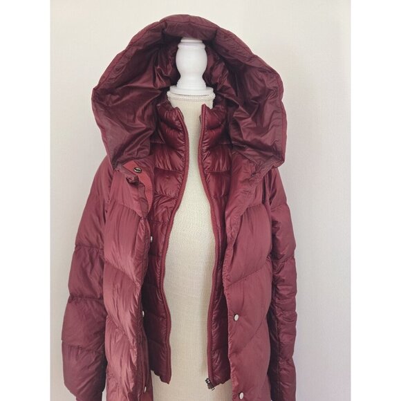 Athleta Lofty Goose Down Hooded Maple Burgundy Red Puffer Coat Zip Snap XS - Picture 4 of 16